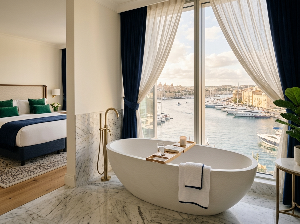 Interior view of a Deluxe Ocean View Room with soaking tub by the window