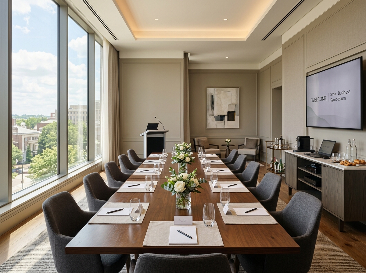 The Lighthouse Room set up for a private event with harbor views