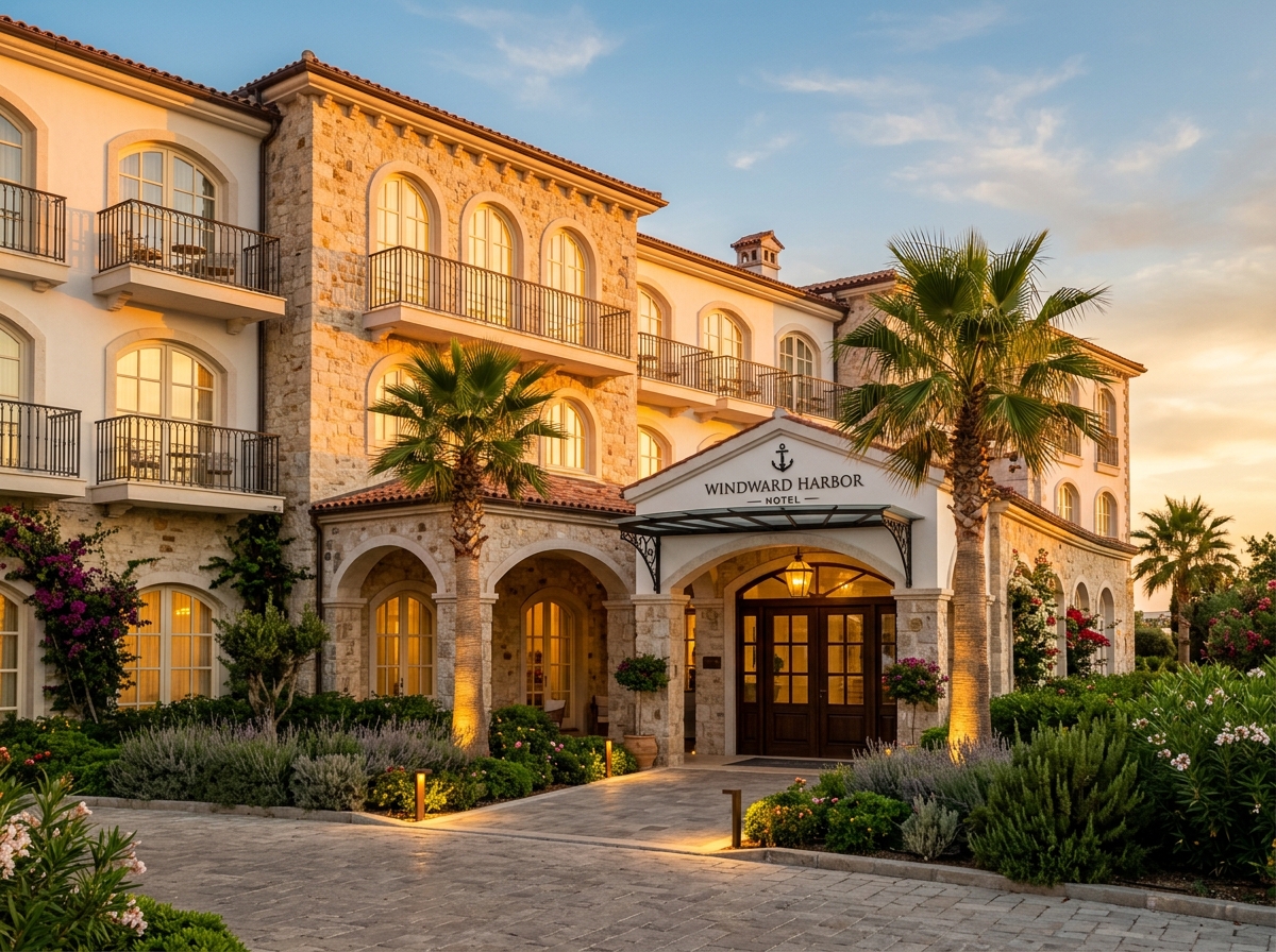 Windward Harbor Hotel's converted sea captain's residence exterior, viewed at golden hour