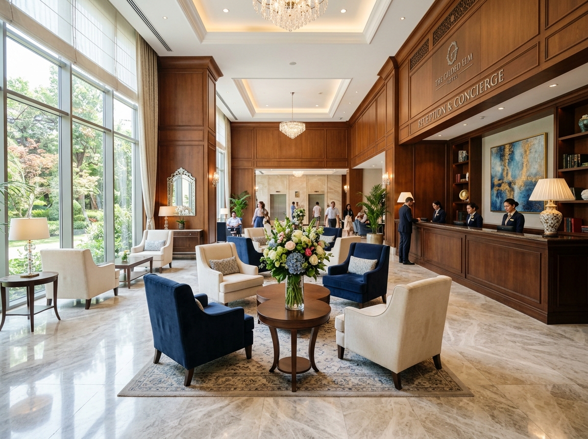 Grand lobby and reception desk with harbor-facing windows
