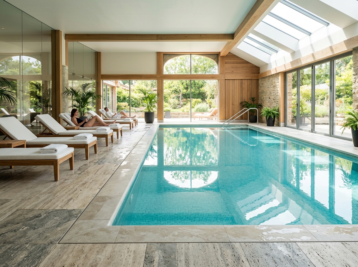 Indoor heated pool with sky-lit ceiling and harbor-facing loungers
