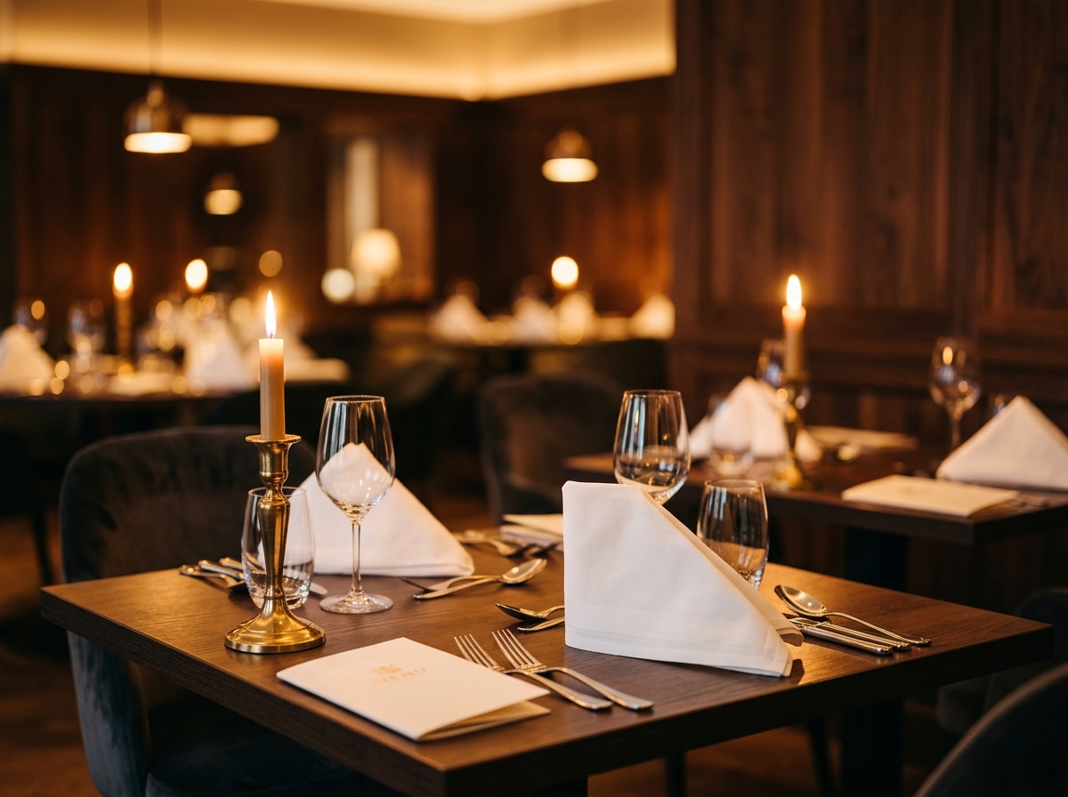 Tide and Anchor Restaurant dining room set for evening service