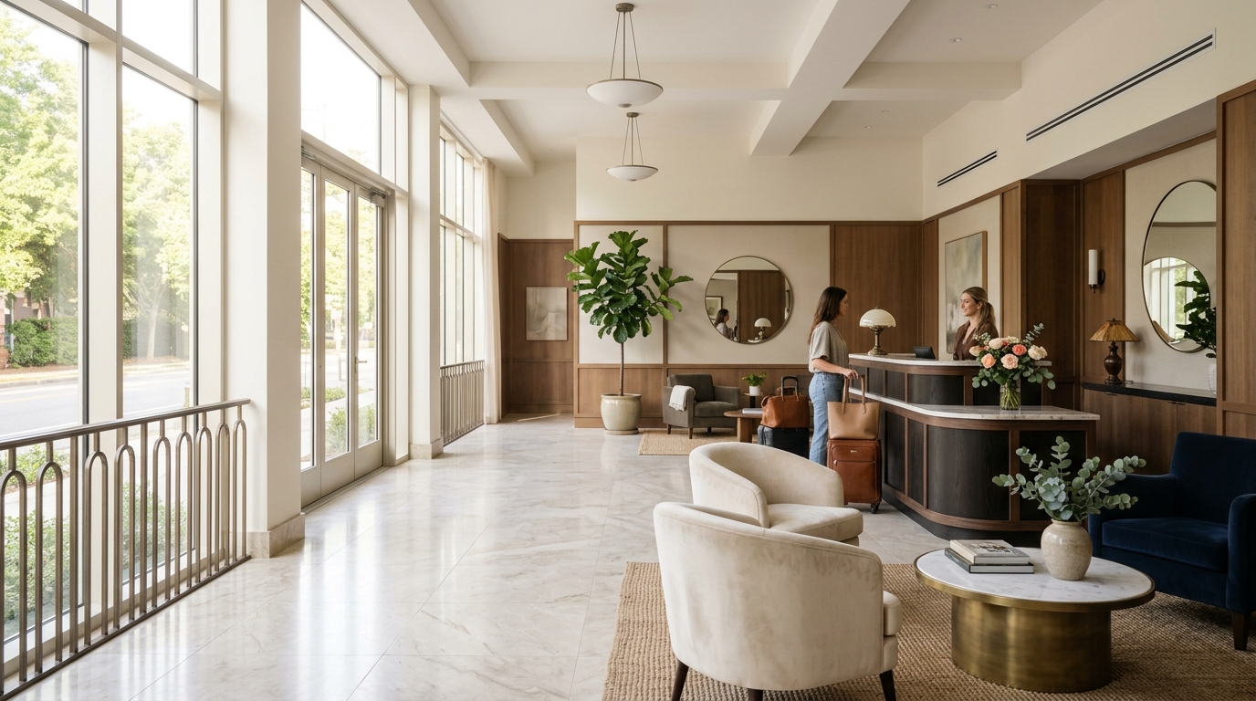 Windward Harbor Hotel lobby with harbor view at sunrise