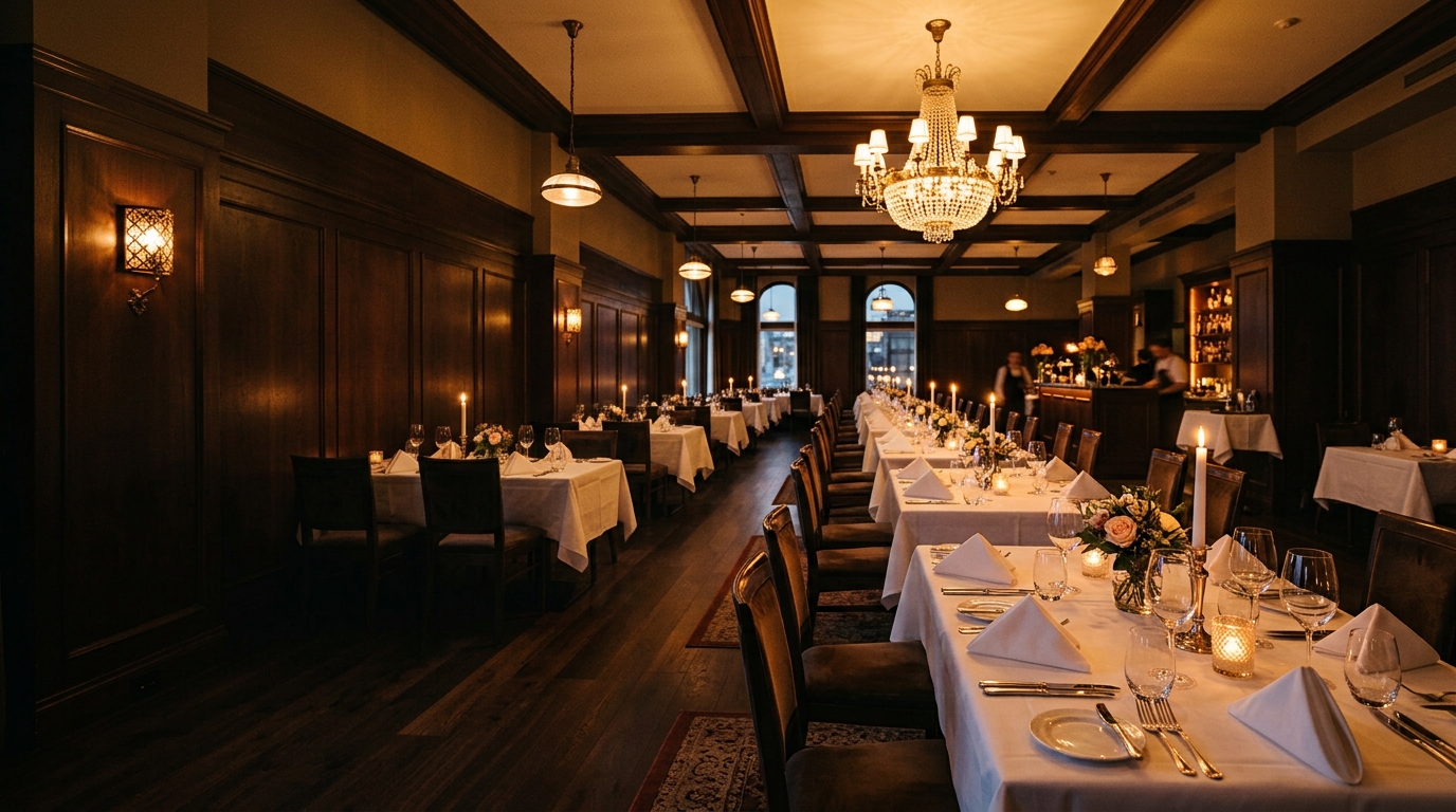 Tide and Anchor restaurant dining room set for evening service