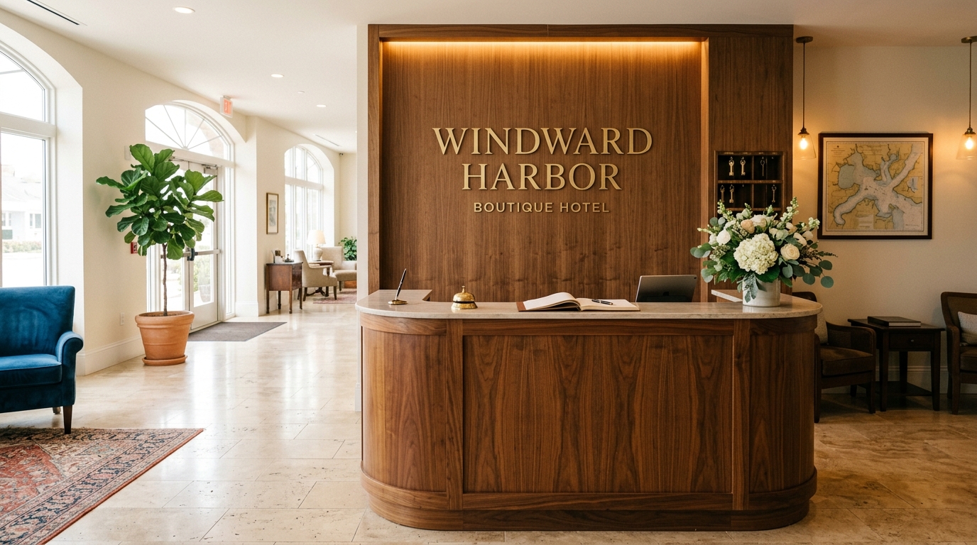 Front desk at Windward Harbor Hotel ready to welcome guests