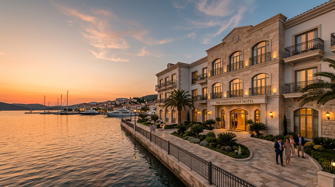 Windward Harbor Hotel exterior overlooking the harbor at dusk