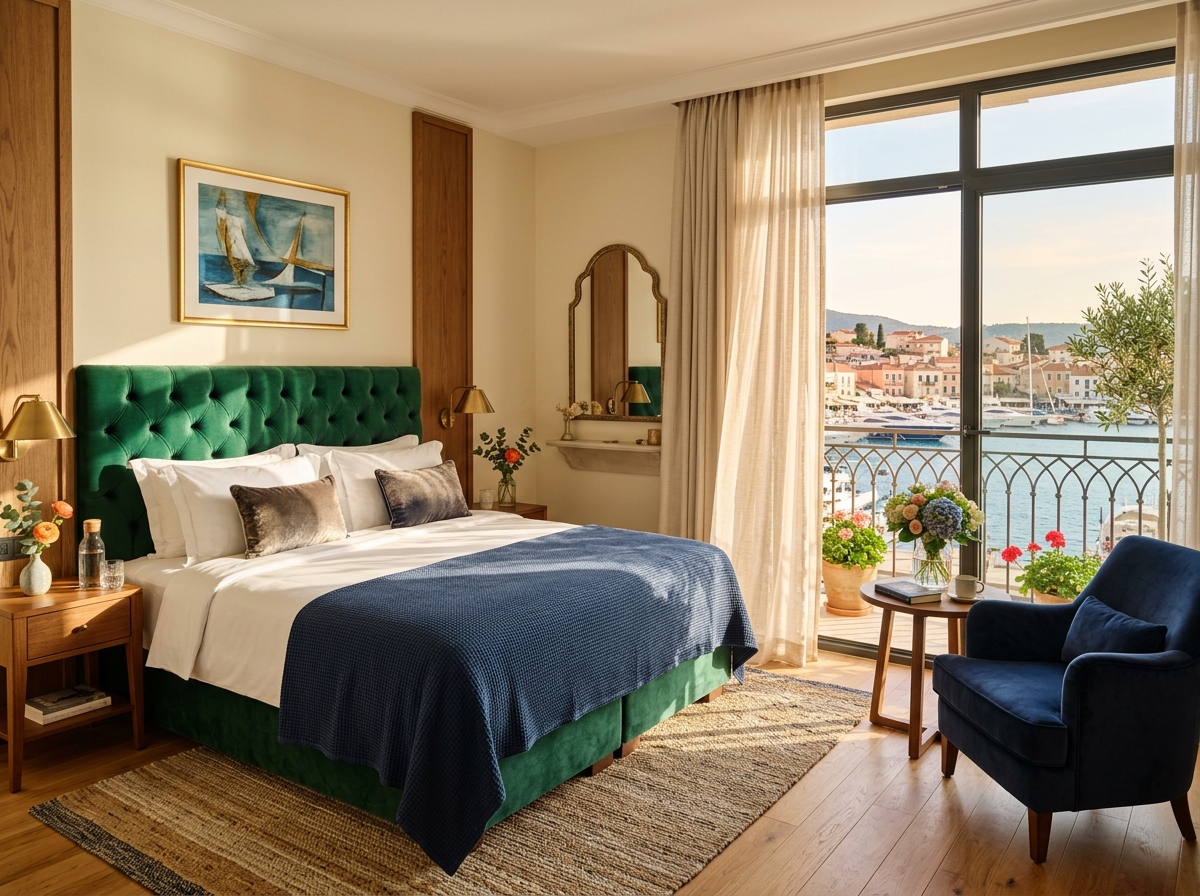 Deluxe Ocean View Room with private balcony overlooking the harbor